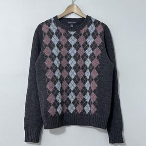 Century Sweater Mens Large Gray Argyle Shetland 100% Wool Crewneck Pullover